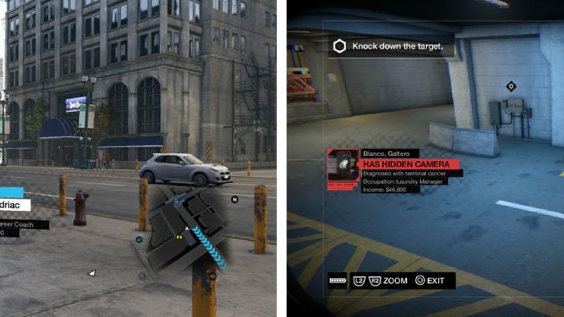 Citizen Rewards are marked with a blue diamond (left), while enemies and potential threats are marked with red (right).