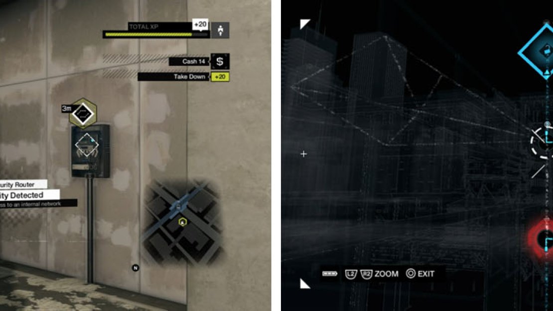 Access the ctOS panel (left) and solve the hotspot puzzles (right) to enter the server room.
