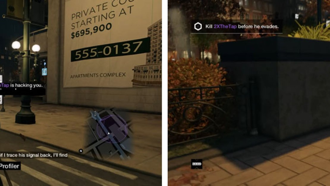 Head to the purple search zone (left) to identify the hacker and then chase him down (right).