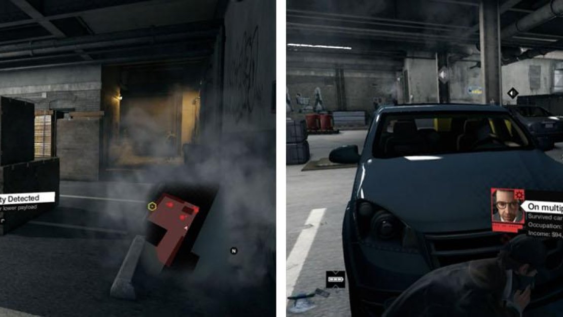 Use items like the forklift (left) to distract enemies and then carefully take out others as they pass nearby (right).