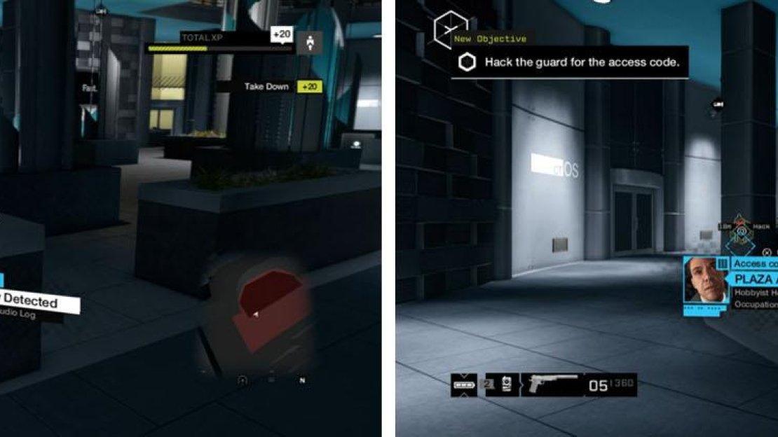 Grab the Malcolm Deodato 01 audio log (left) and the take out the guards to get the access code (right).