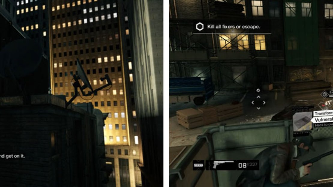 Use the junction boxes to take out the snipers (left) while using cover and environmental hacks or explosives on the enemy (right) to defeat your foes.