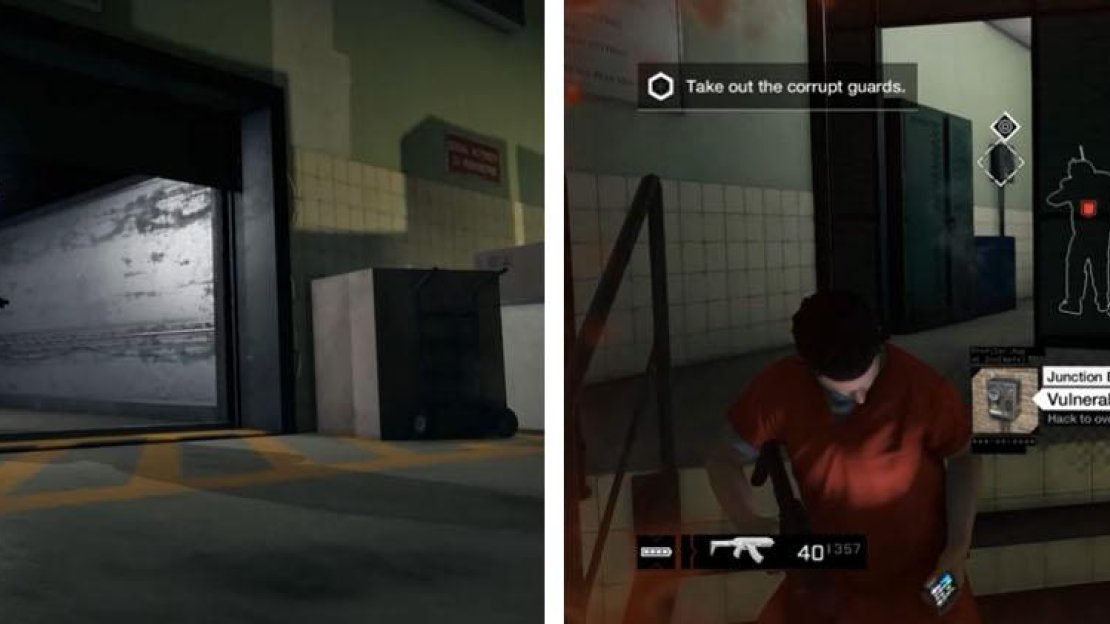 Enforcers (left) are heavily armored enemies that are hard to kill. Use explosives and junction boxes (right) to take them out without a lot of bullets.