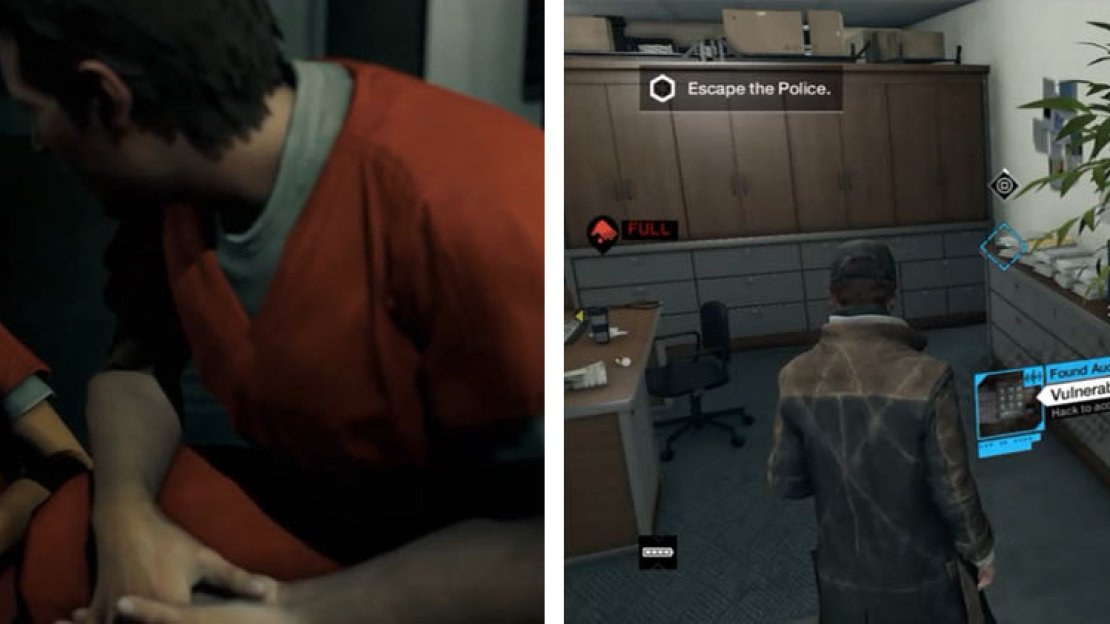 If your target is still alive you can scare the living daylight out of him (left). Before leaving the prison, make sure to grab the Malcolm Deodato 04 audio log (right).
