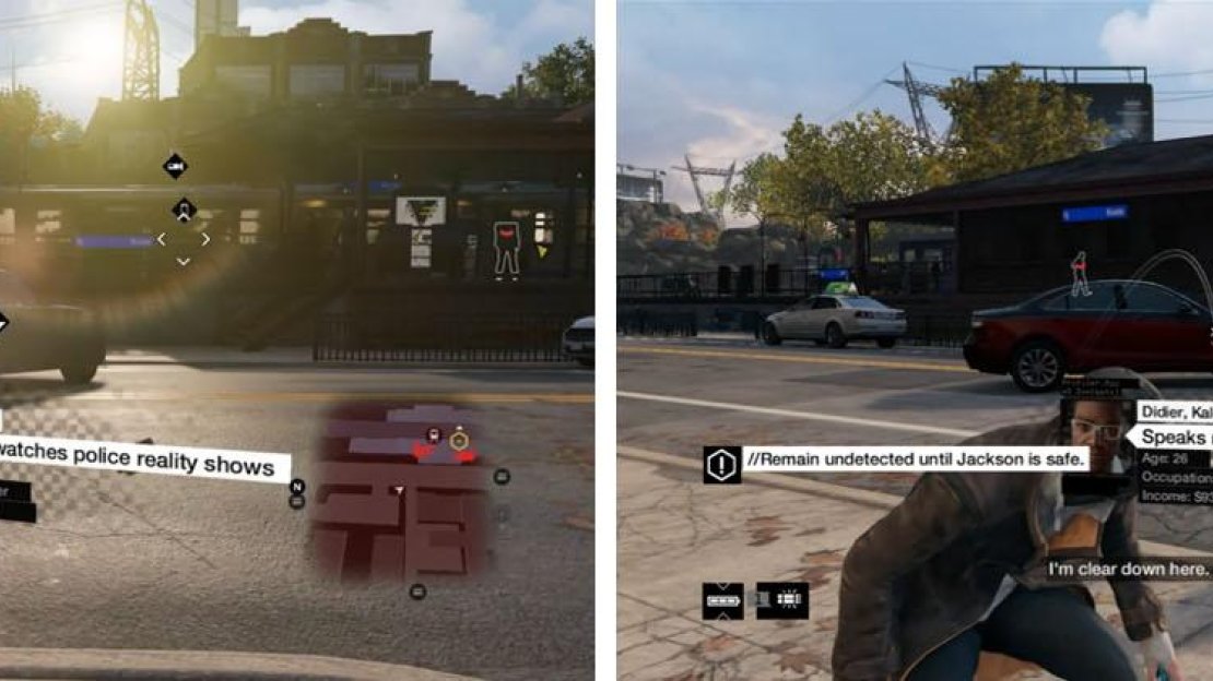 Toss IEDs on both the cars (left) and take cover behind a car across the street (right).
