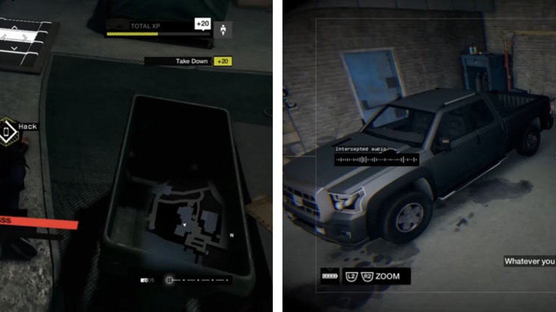 Gain the access code from the guard (left) and then head upstairs to catch up with Racine (right).