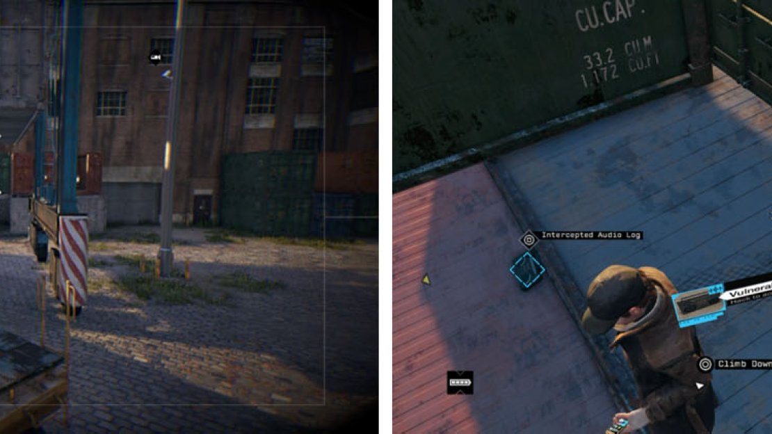 Find the gate switch via the cameras (left) and then climb the crates and get the third Engineers audio log (right).