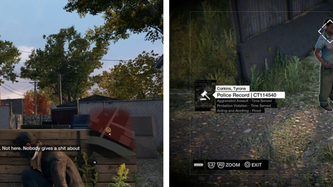 Hop the fence and take cover to the right of Bedbug’s entrance (left) and then follow him via the cameras (right).