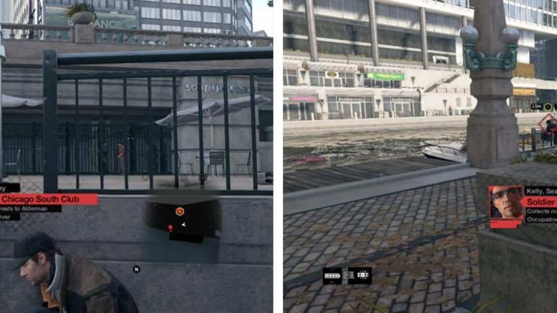 Hop behind the newsstand to safely tail the case (left) and wait for the final handoff (right).