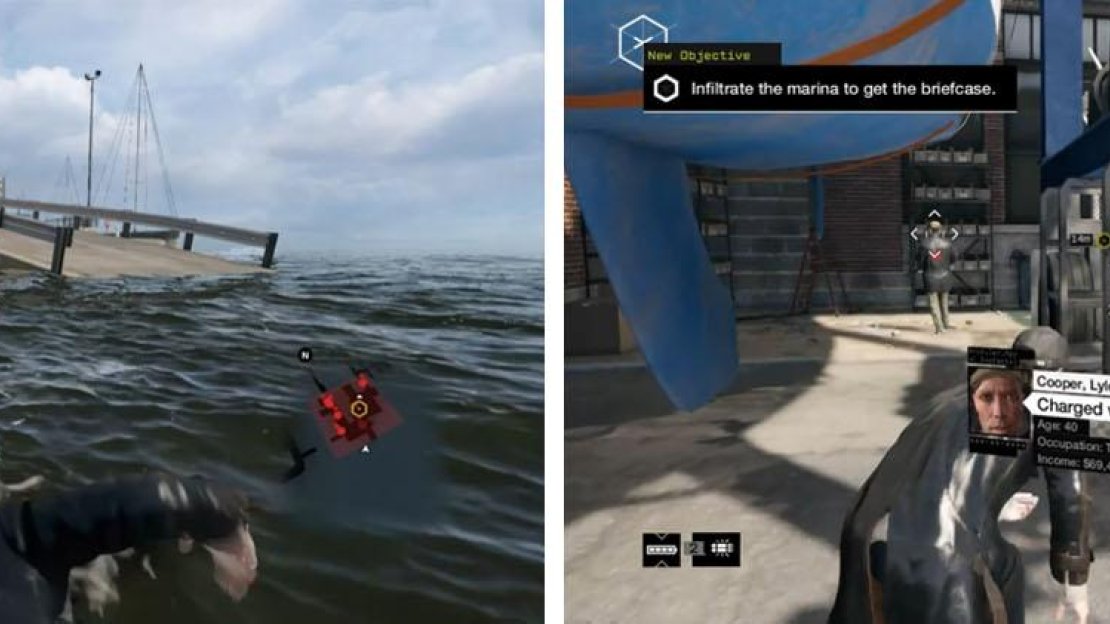Swim to the marina ramp (left) and follow it up to take out the guard (right) and grab the briefcase.