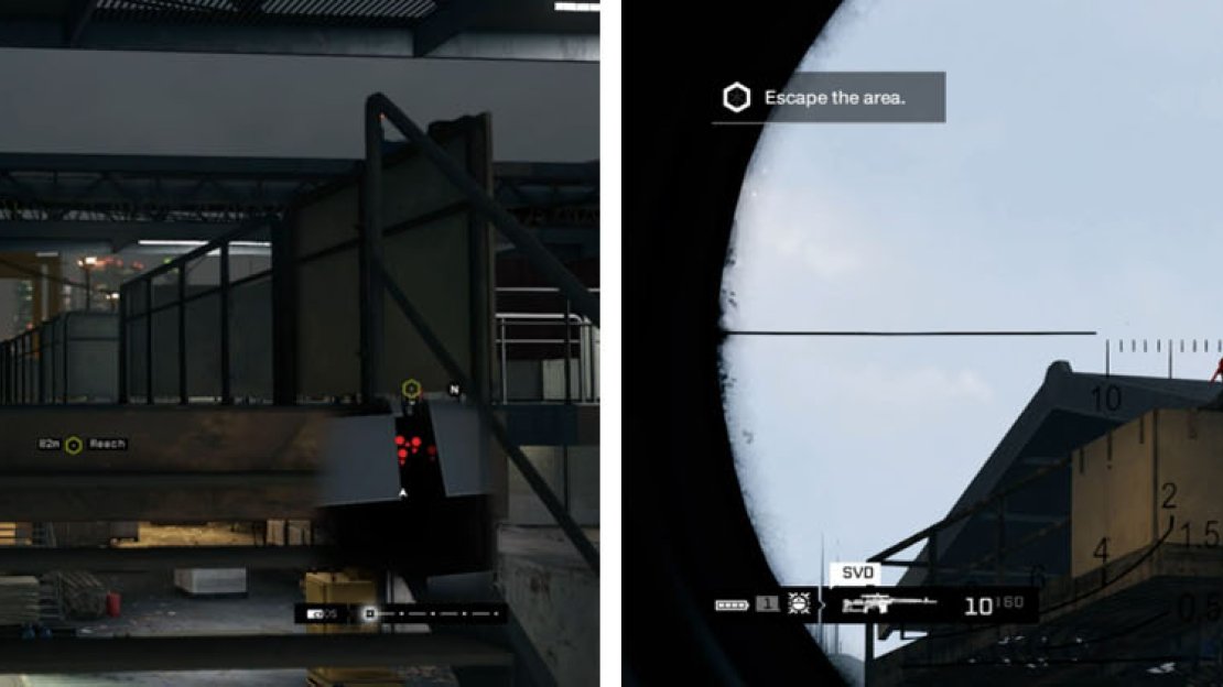Focus on the enemies on the upper catwalk (left) and make sure to take the sniper out in the back (right).