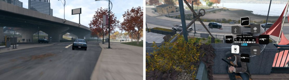 Prepare for reinforcements that arrive nearby from the freeway underpass (left). Use grenades and IED&rsquo;s to take them out by the cars (right).