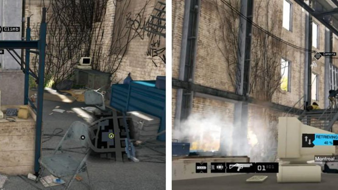 Hack into the computer (left) and hold off the Fixers until the download is complete (right).