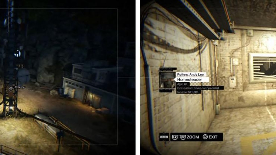 Use the antenna to move the satellites (left) and unlock more access points. Once inside, head down the steps to access the cameras in the basement (right).