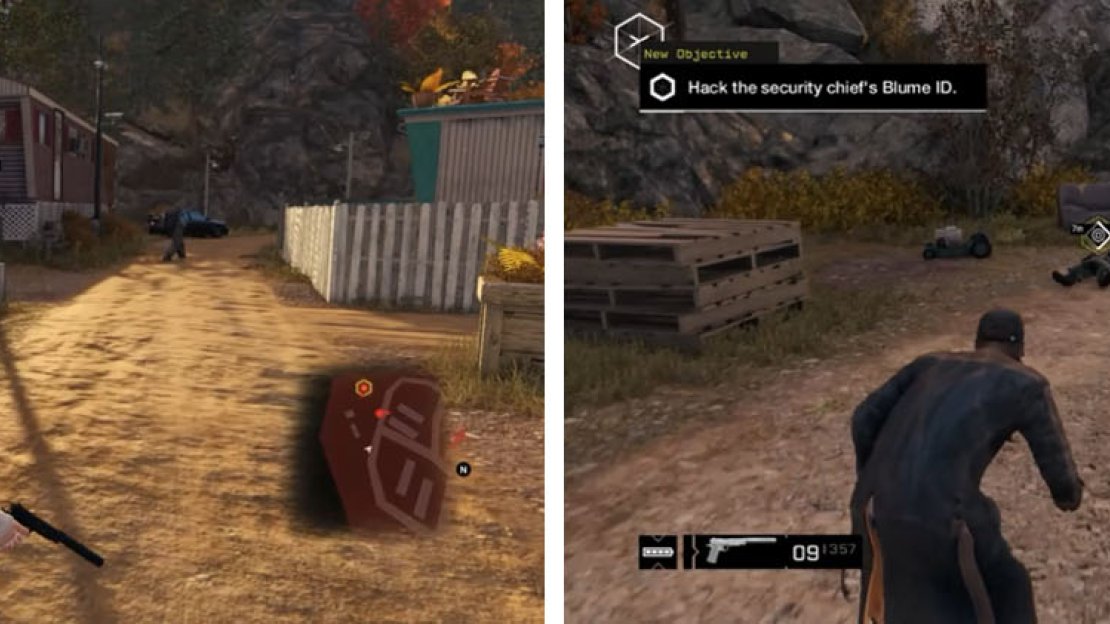 Wait for the Enforcers to face away (left) and then head up and kill the final security officier (right).