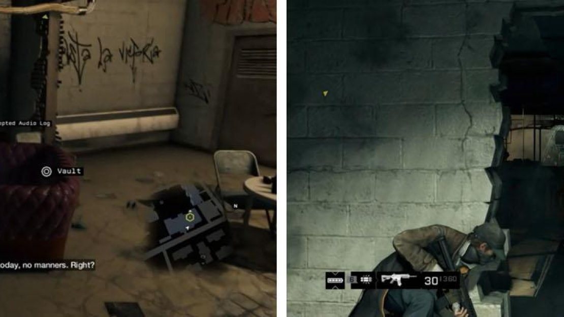 Grab the Iraq 07 audio log before you continue (left) and then take out the Enforcer with an IED from the damaged wall (right).