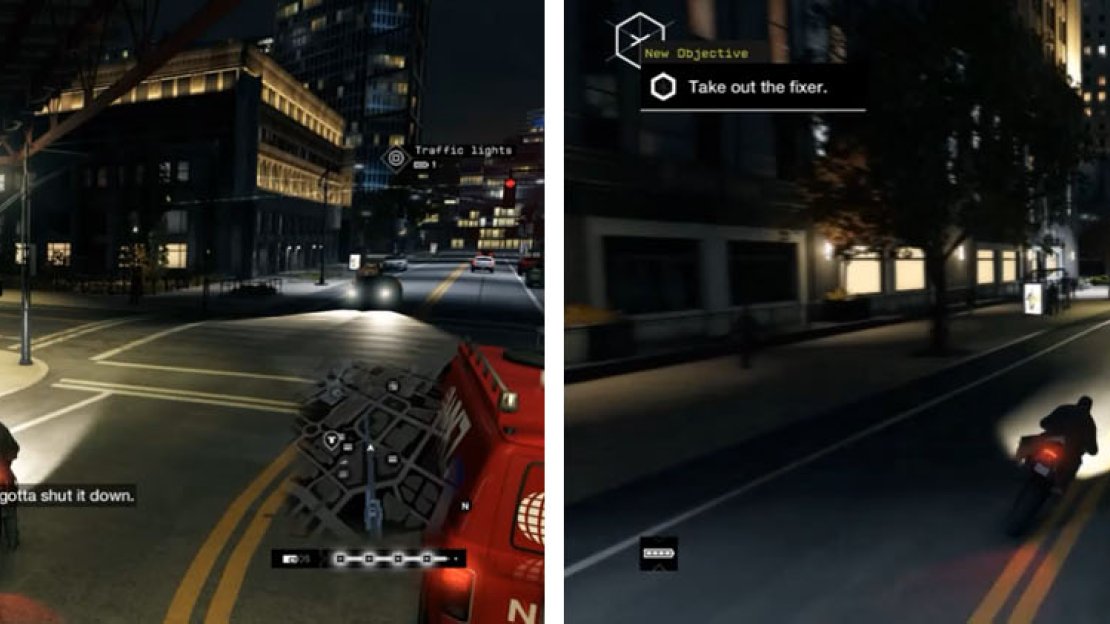 Grab a motorcycle and spot the news van (left). Use Traffic Lights to stop the van in its tracks (right).