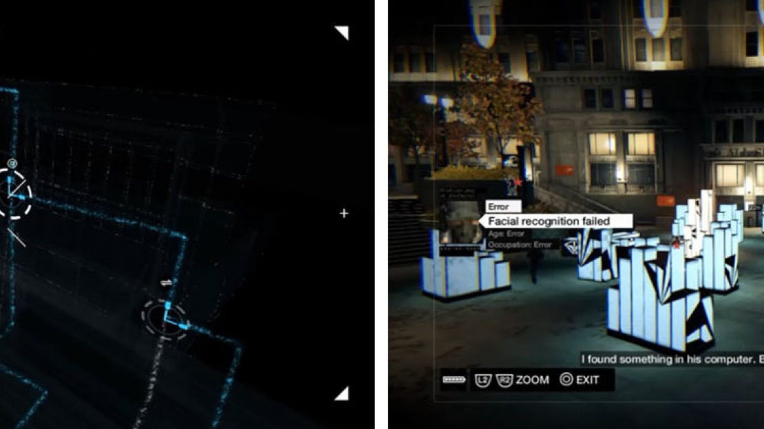 Hack into Defalt’s apartment (left) and then help Kenney escape the Fixers (right).