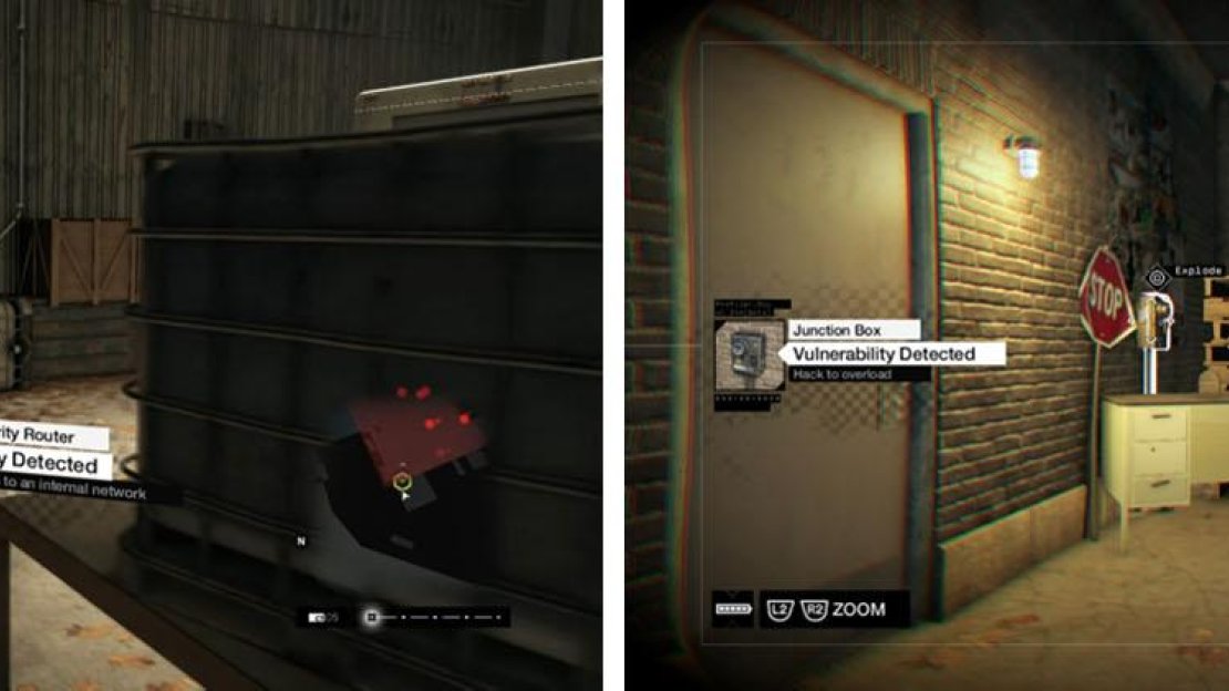 Hack the access point (left) and then use the junction box to kill the Fixer (right).