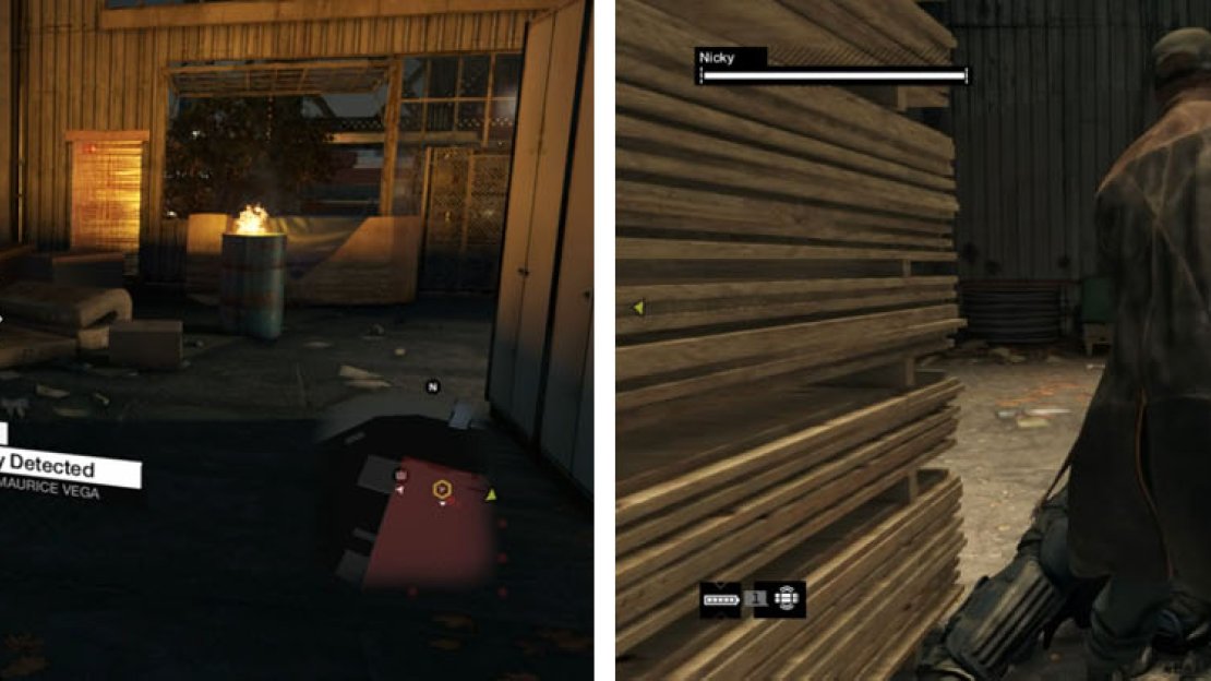 Get the Maurice Vega 06 audio log upstairs (left) and then sneak up on the Enforcer guarding Nicky (right).