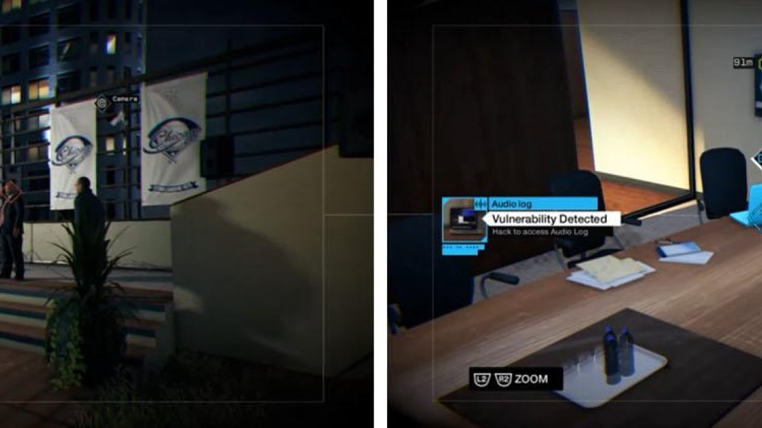 Watch the mayor’s speech (left) and then grab the Lucky Quinn 07 audio log from the nearby conference room (right).