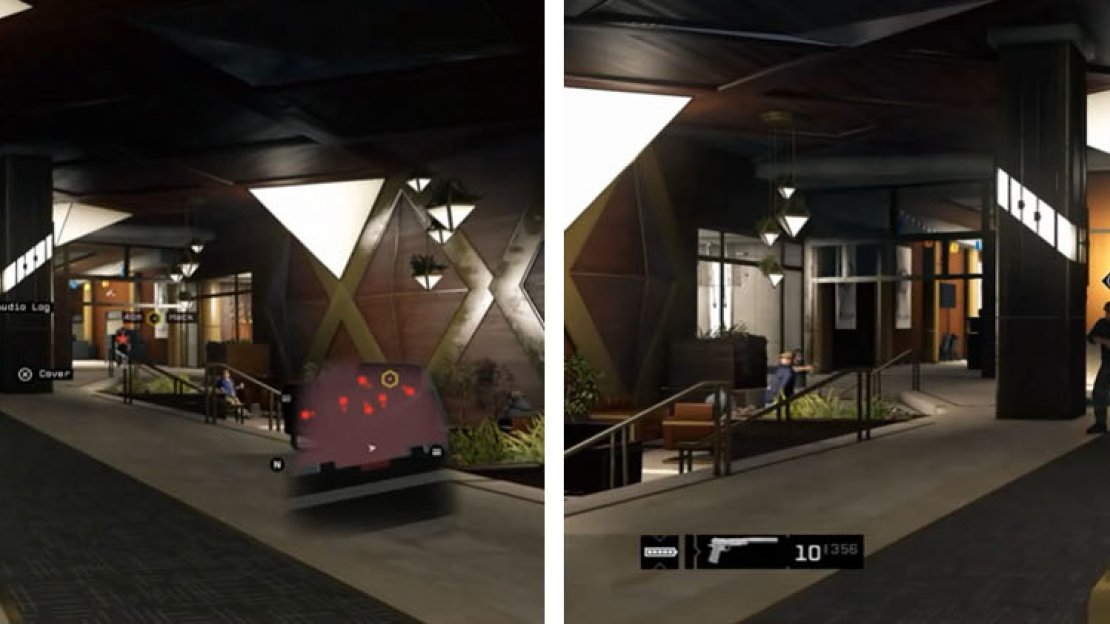 Grab the Malcolm Deadato 07 audio log from the reception desk (left) and use cover and a silenced weapon to pick off the guard (right).