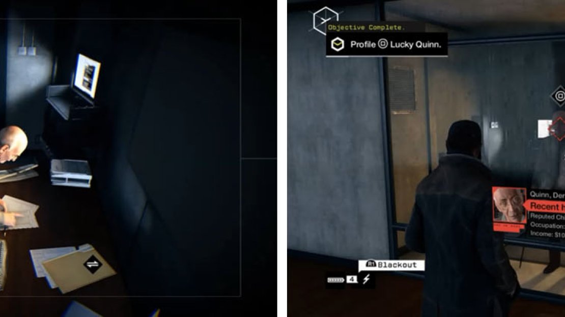 Open the shutters (left) and then take Quinn down by hacking his Pacemaker (right).