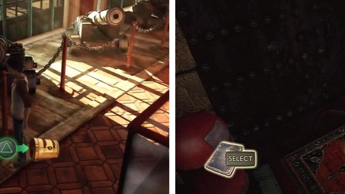 Grab the treasures from the cannon barrel (left) and the alcove by the stairs (right).