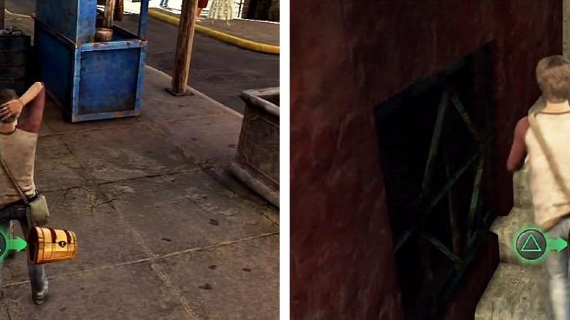 Get the treasure by the glass bottles (left) and then head left down a small alley (right).