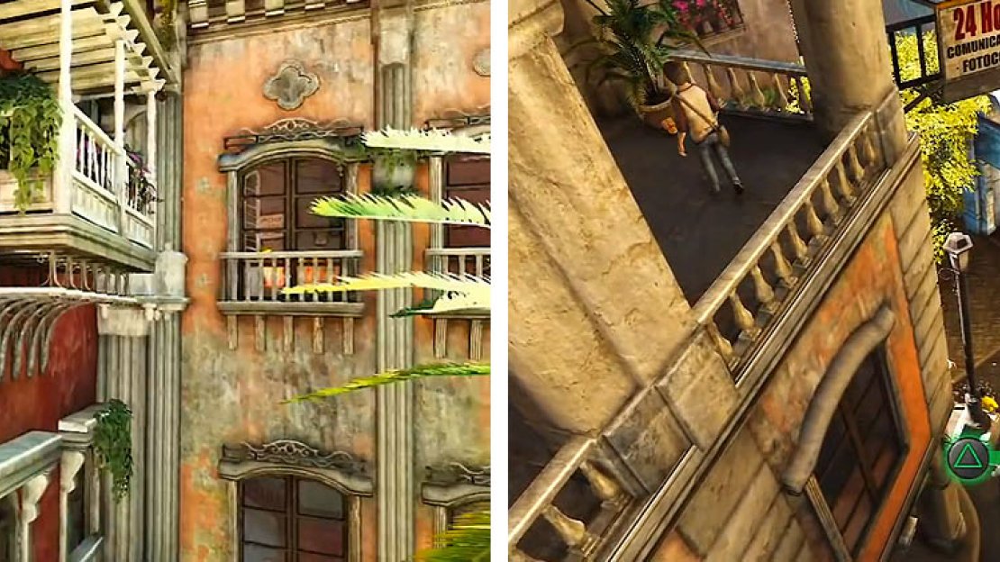 Climb the locksmith’s building (left) and grab the treasure on the first balcony (right).