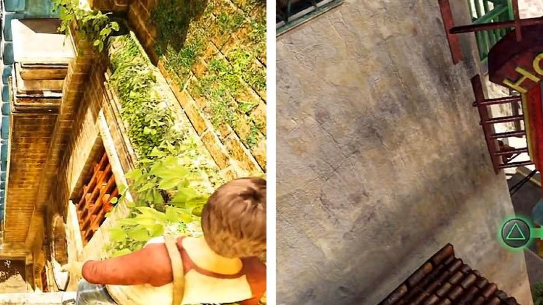 Follow from above (left) and get the treasure from the Hotel sign (right).