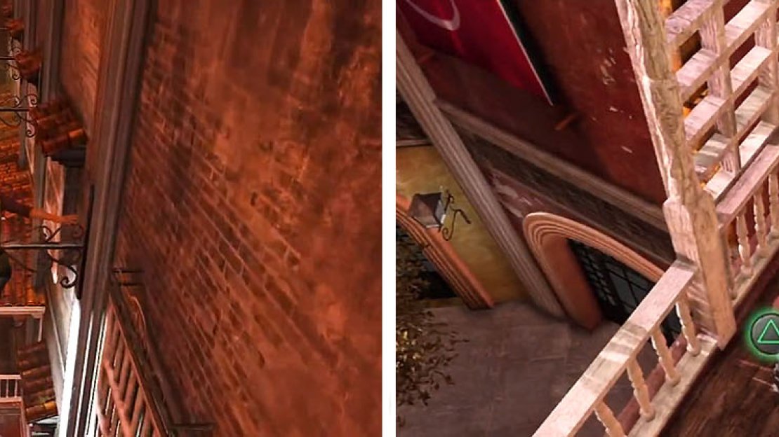 Use the lamps to reach the museum (left) and drop down to get the treasure on the balcony before entering (right).