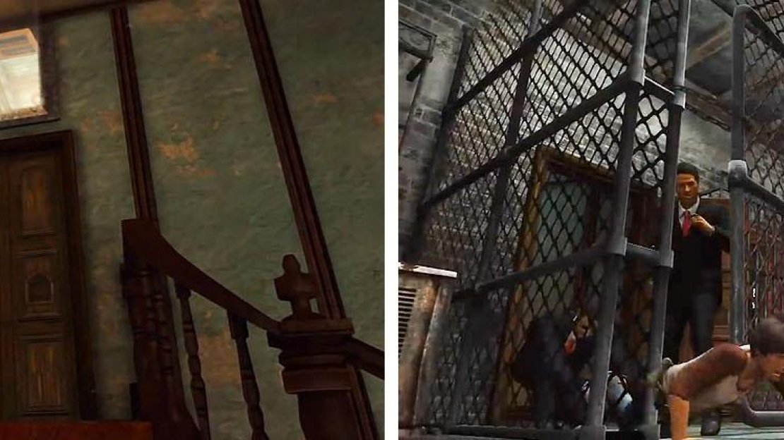 Hop up to the small window at the top of the stairs (left) and spam Square to escape on the roof (right).