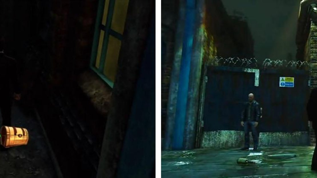 Get the treasure from the alley (left) and then use the power box to proceed (right).