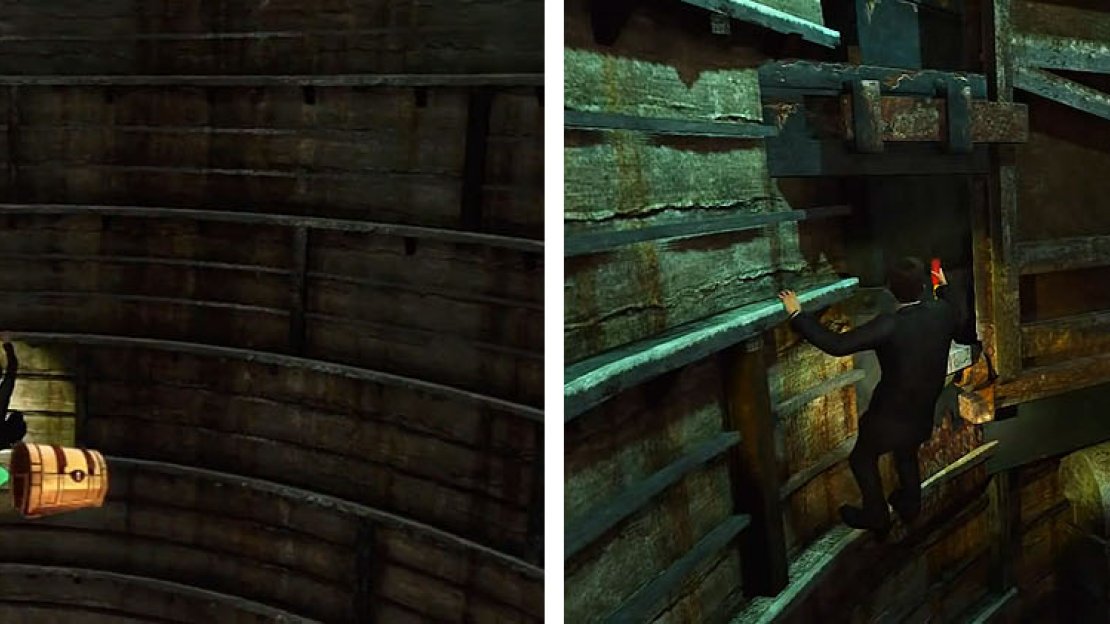Climb the walls to reach the treasure (left) and then head right to a set of levers (right).