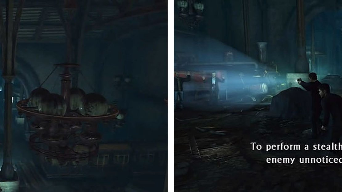 Climb across the chandeliers (left) and take out Marlowe’s man when you drop down the other side (right).