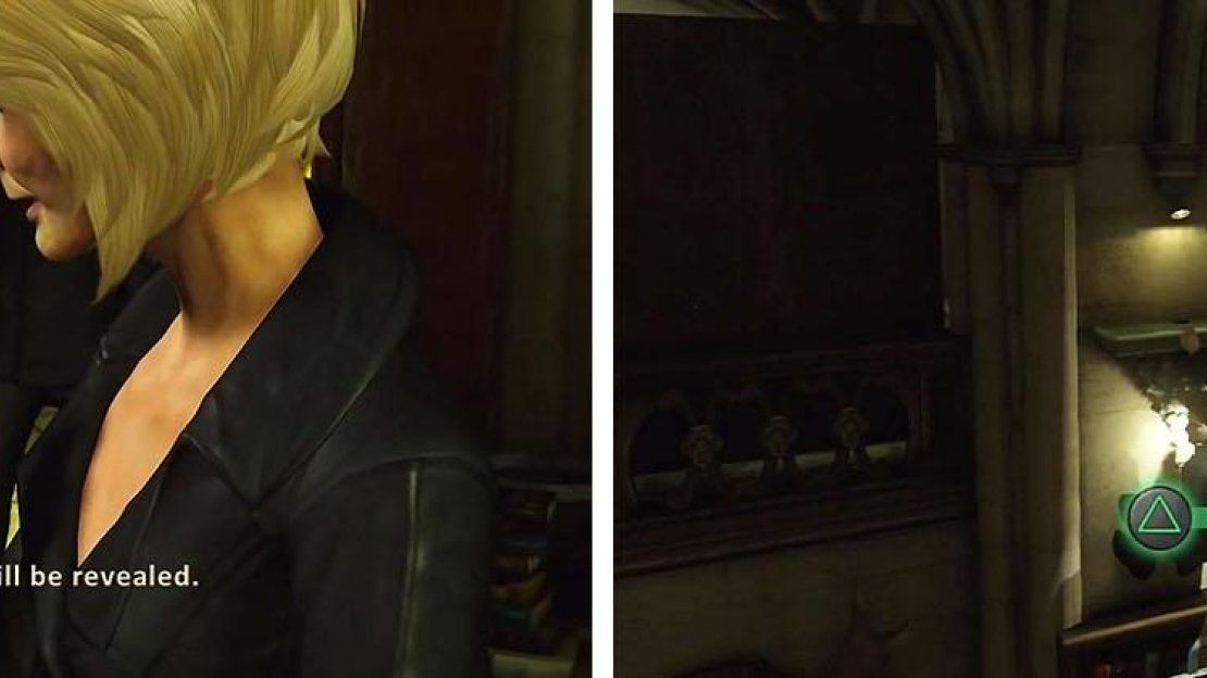 Inside the secret library (left) grab the treasure on the small ledge (right).