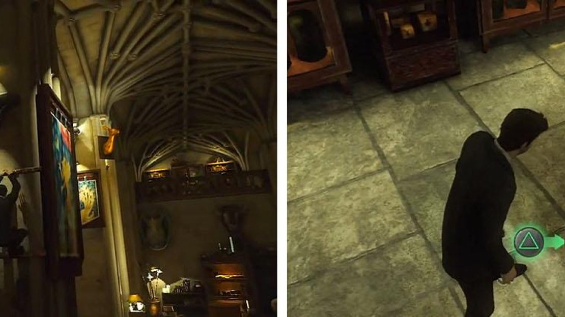 Climb up to the deer’s head (left) and get the treasure upstairs before leaving (right).