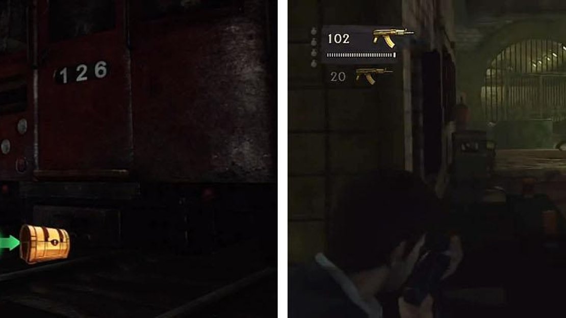 Get the treasure under the train car (left) and then make your way out through more men (right).