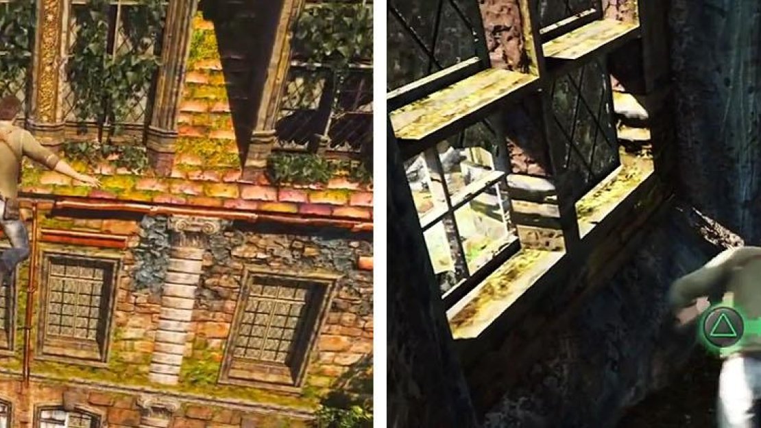 Jump across to the far wall (left) and climb to the top of the tower for a treasure (right).