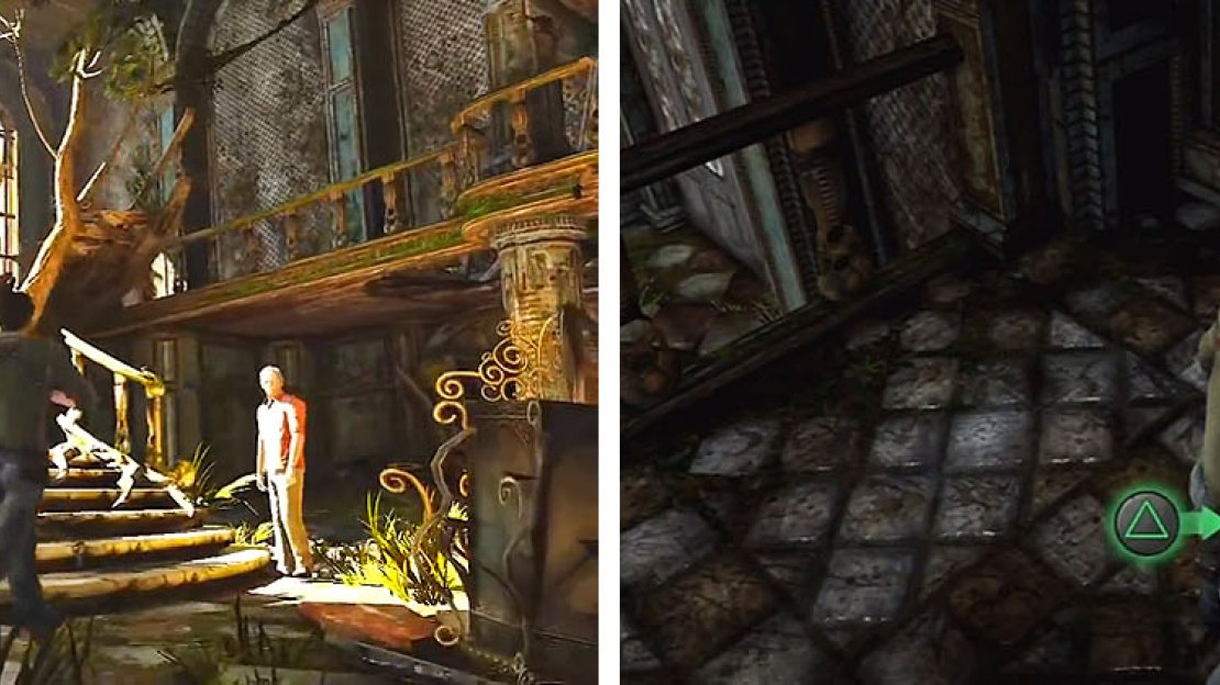 Make your way up the grand staircase (left) and get the treasure on the 2nd floor (right).