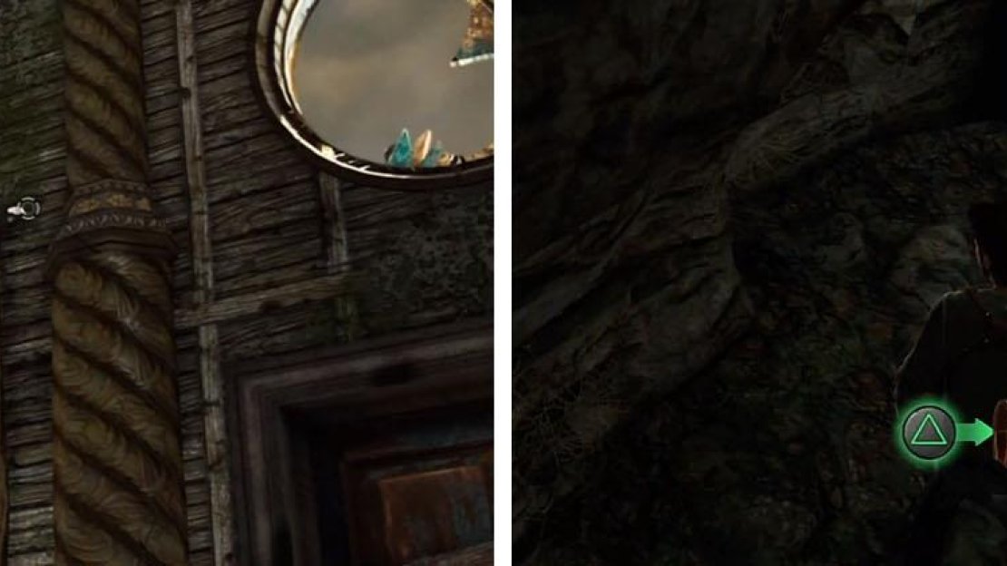 Shoot the treasure down from the curtain (left) and get the treasure after falling down the hidden passage (right).