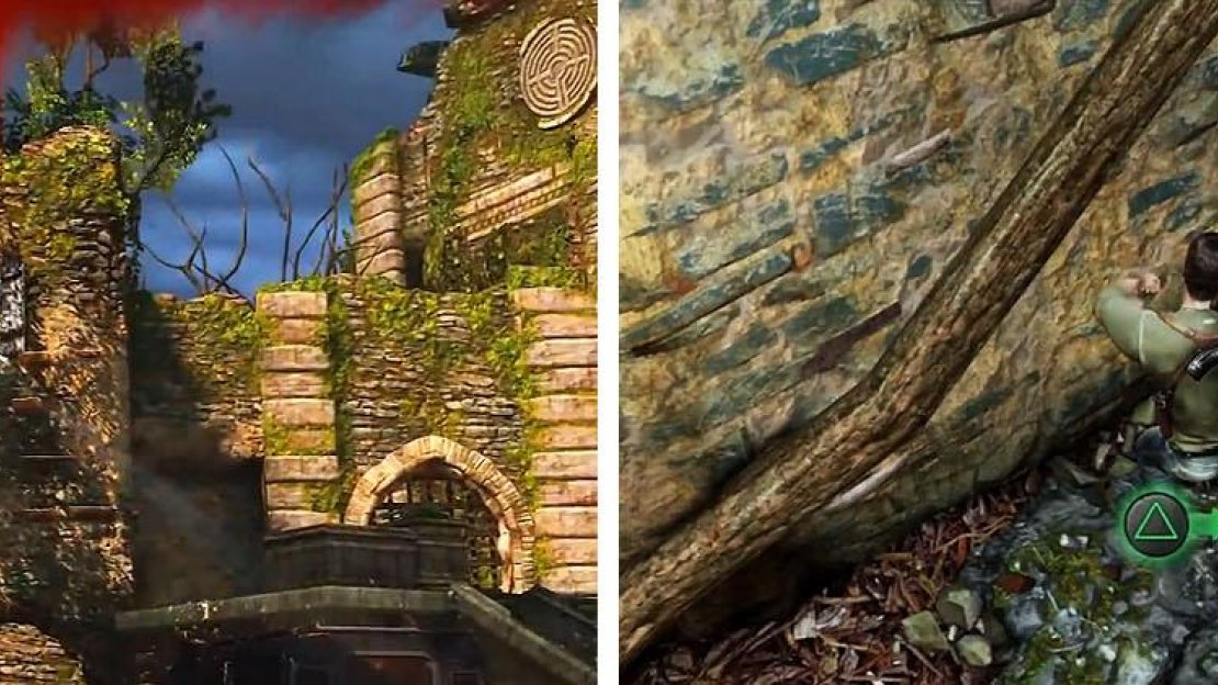 Take out the men above you (left) and then drop down the other side for a treasure (right).