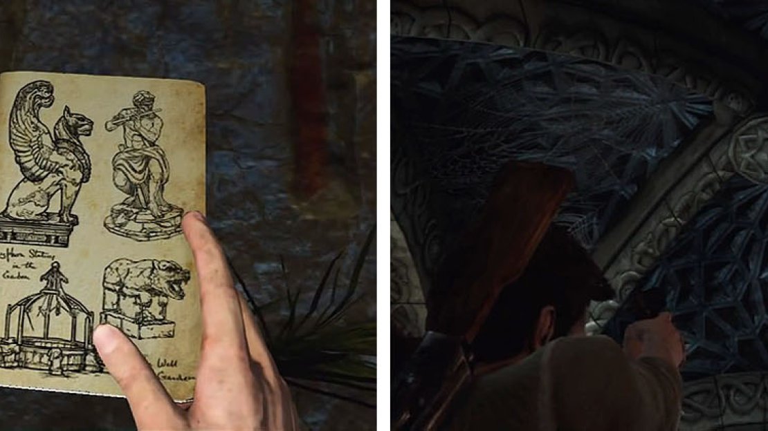 Solve the puzzle to enter (left) and then check the ceiling of the alchemy room (right).