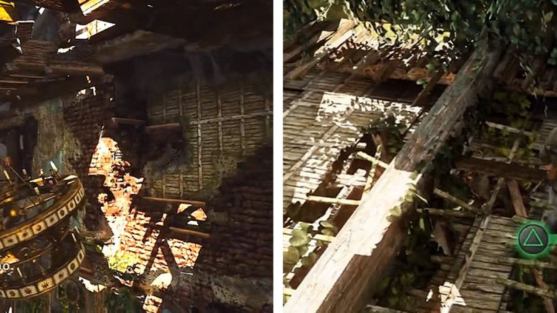 Climb across the chandelier (left) to drop the ceiling and reach the treasure above (right).