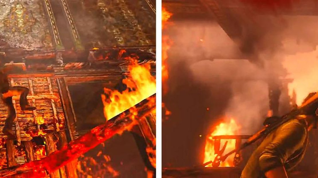 Climb the environment to escape (left) and fight the enemies on the way (right).