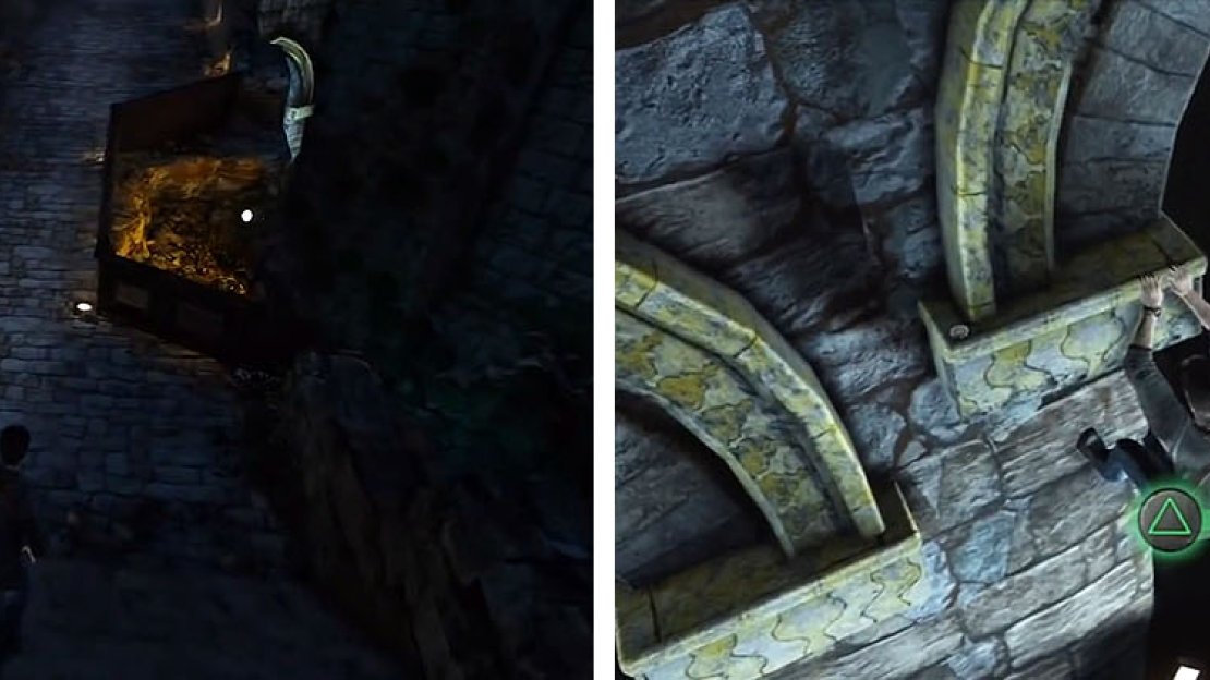 On the damaged bridge (left) hop off the right side for a treasure (right).