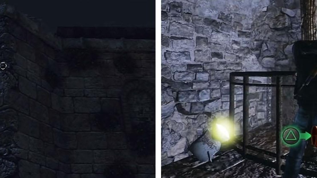 Shoot down the treasure in the courtyard (left) and then check the statue (right).