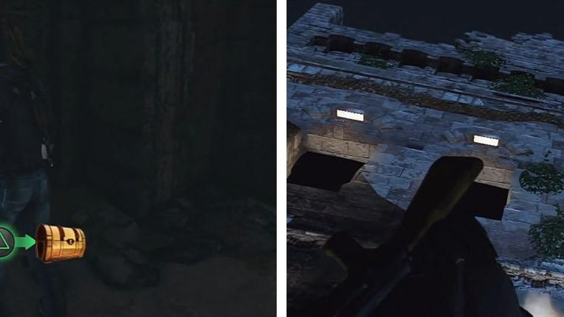 Get the treasure in the well (left) and then climb up and exit the building and look up (right).
