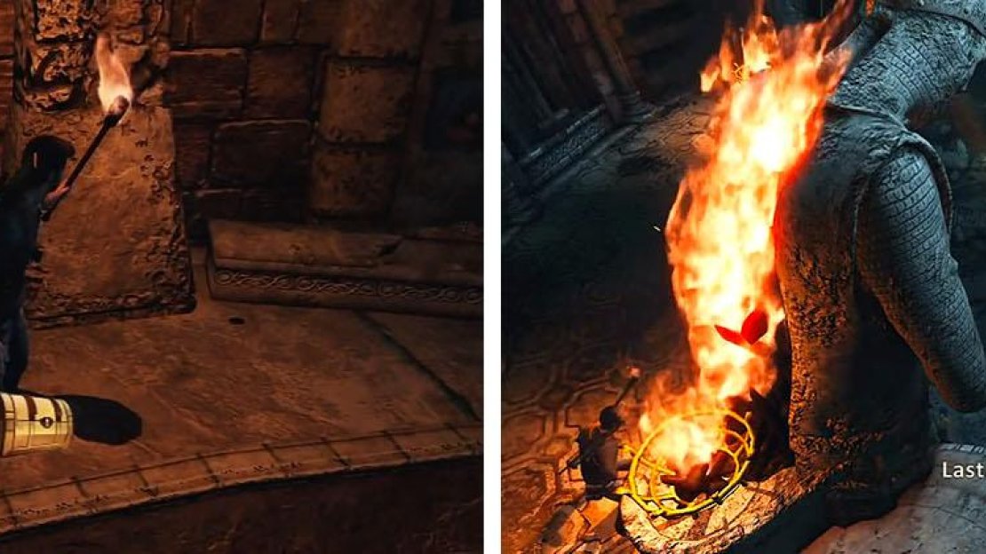 Get the treasure on the bottom floor of the globe room (left) and then light the braziers on the second floor (right).